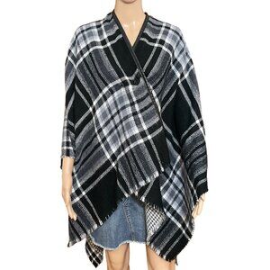 Accessory St New York Plaid Black White Poncho One Size